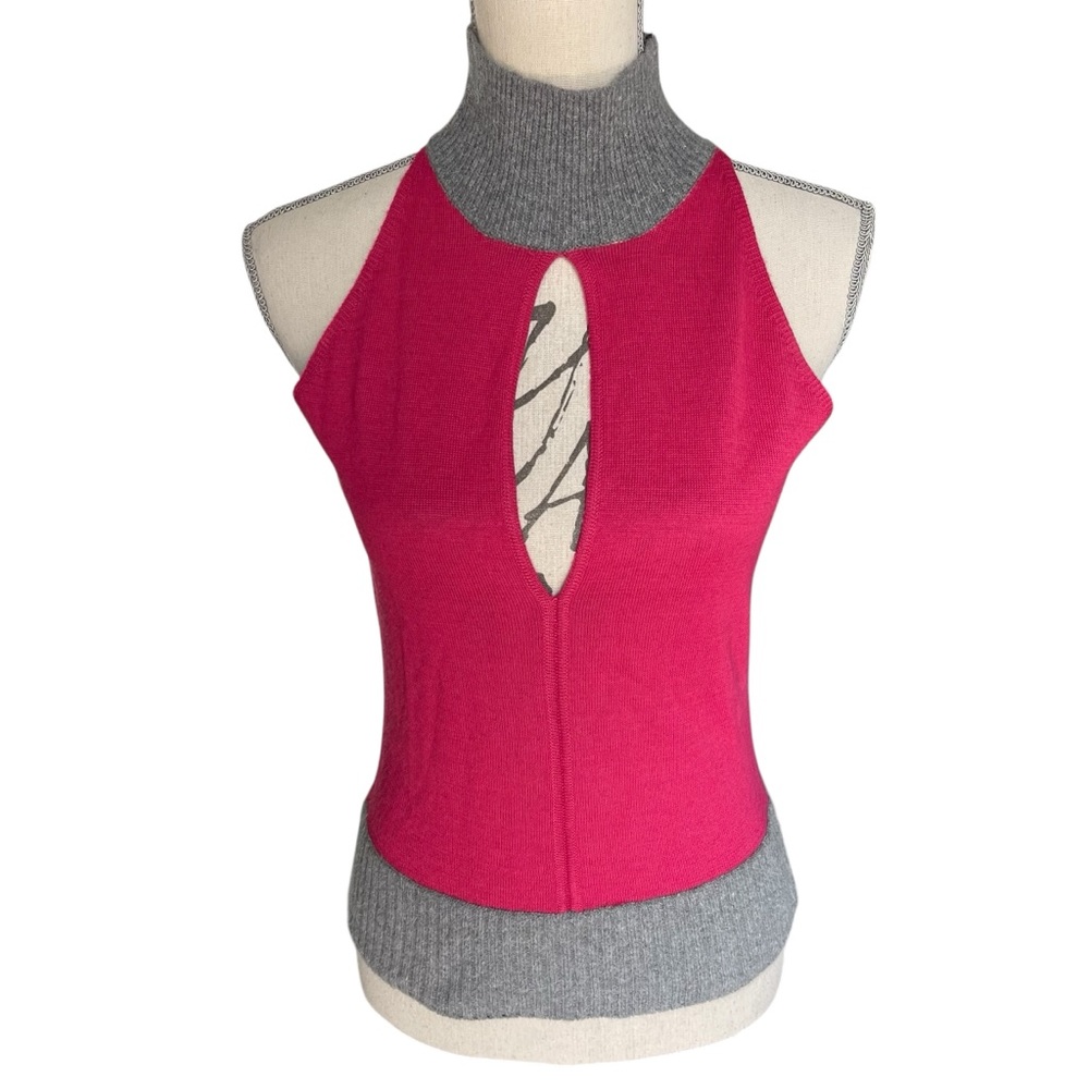 Oscar Leopold Pink/Grey Wool Blend Mock Neck Sleeveless Keyhole Knit Top (M) - Picture 5 of 11